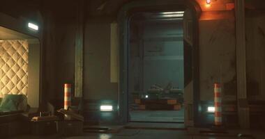 CGI Interior of a futuristic storage room with glowing lights and machinery video