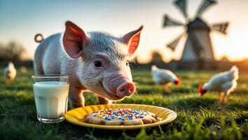 Piglet with Milk and Cookie on Farm with Chickens and Mill photo
