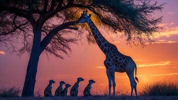 Giraffe and Meerkats Watching Sunset Under Tree in African Savannah photo