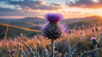 Blooming Thistle Flower at Sunset with Rolling Hills Landscape View photo