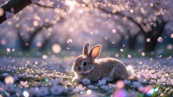 Rabbit Resting in Field of Cherry Blossoms with Petals Falling photo