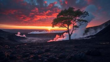 Tree at Volcanic Landscape with Red Sky and Steam at Sunset photo