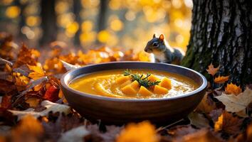 Serving of Squash Soup with Squirrel in Autumnal Forest Scene photo