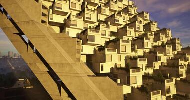 CGI Unique architectural structure with stacked residential units at sunset video