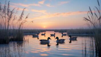 Ducks Swimming in Calm Water at Sunset with Grass and Reflection photo