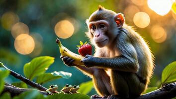 Monkey Holding Fruit with Frogs on Branch in Lush Setting photo