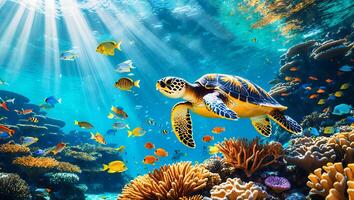 Sea Turtle Swimming in Clear Ocean Water with Coral and Fish photo