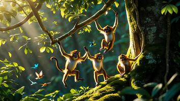 Monkeys Playing and Interacting in a Lush Jungle Environment with Birds photo