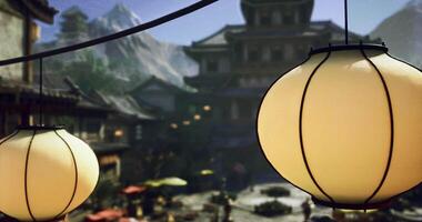 CGI Lanterns illuminate a vibrant market near ancient architecture at dusk video