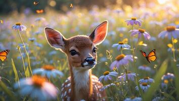 Young Fawn Relaxing in a Meadow of Daisies at Sunrise photo