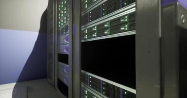 CGI Data center infrastructure with illuminated server racks and cables video