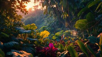Lush Jungle Foliage at Sunset with Spiderweb and Vibrant Greenery photo