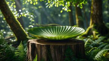 Green Plate Displayed on Wood Stump in Lush Forest Setting photo