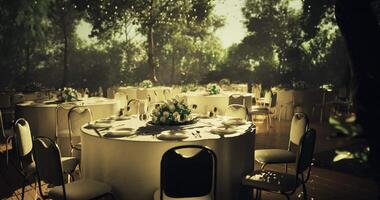 CGI Elegant outdoor dining setup with round tables in lush setting video
