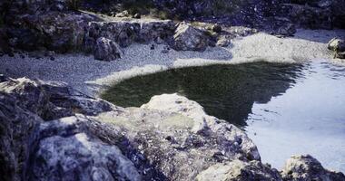 CGI Rippling water and rocky shoreline at dawn in a serene natural environment video