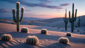 Cactus in Desert at Sunset Landscape with Sand Dunes and Sky photo