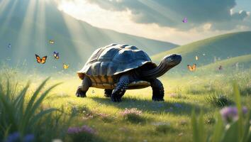Walking Turtle in Idyllic Meadow with Wildflowers and Butterflies Around photo