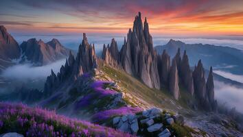 Majestic Mountain Peaks with Purple Flowers at Sunrise Scenic Landscape photo