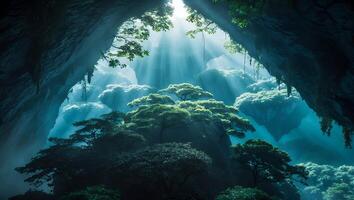 Sunlight Shining Through Cave Entrance Revealing Tropical Forest Scene photo