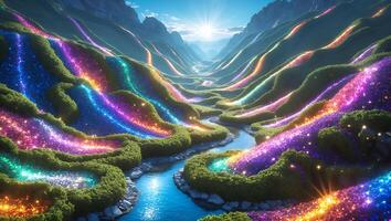 Colorful River Valley Landscape with Mountains and Glowing Lights Scenery photo