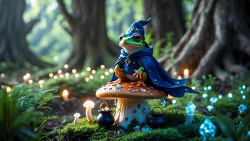 Frog Wizard Sitting on Mushroom in Enchanted Forest Scene photo