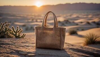 Jute Bag on Rock Formation with Desert Sunset Background photo