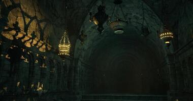 CGI Exploration of a mysterious ancient dungeon adorned with ornate lanterns video