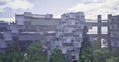 CGI Modern architecture featuring green spaces amid concrete structures video