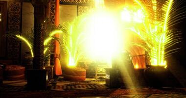 CGI Golden light fills exotic indoor space with ornate decorations and greenery video
