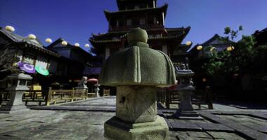 CGI Stone lantern in ancient courtyard with traditional architecture at midday video