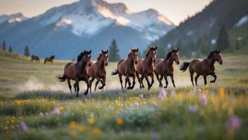 Horses Running Freely Through a Mountain Meadow with Wildflowers photo
