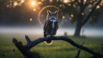 Owl Resting on Branch Glowing Under Sunrise in Misty Field photo