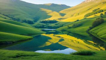 Reflecting Lake Surrounded by Lush Green Hills and Meadows Landscape photo