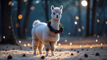 Festive Alpaca Wearing Wreath in Forest with Bokeh Lights photo
