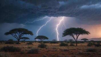 Striking Lightning Storm Over African Savannah with Acacia Trees photo