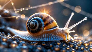 Snail Crawling on Wet Surface with Glowing Lights Macro Shot photo