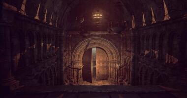 CGI Mysterious ancient door in a gothic cathedral with dim lighting video