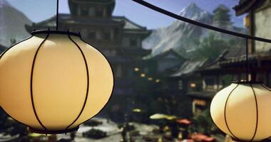 CGI Lanterns illuminate a vibrant market in a mountainous village at dusk video