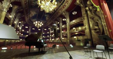 CGI Elegant theater interior with microphone and grand piano set for performance video