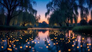 Peaceful Pond Reflection with Weeping Willows and Golden Glowing Lights photo
