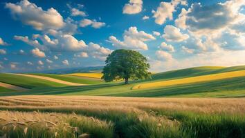 Green Tree Standing in Field with Rolling Hills Under Cloudy Sky photo