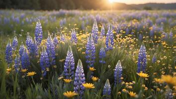 Lupine Flowers Blooming in Meadow at Sunset with Golden Light photo