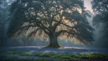 Majestic Tree in Meadow with Wildflowers and Sunlight Through Mist photo
