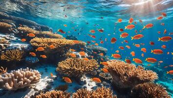 Orange Fish Swimming Around Coral Reef in Clear Ocean Water photo