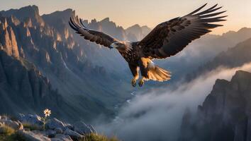 Eagle Soaring Majestically Over Mountain Landscape with Morning Fog and Sunlight photo