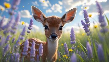 Fawn Standing in a Lavender Field Under a Bright Sky photo