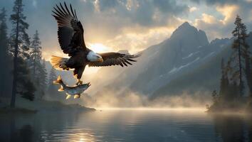 Bald Eagle Flying with Fish Over Misty Lake at Sunrise photo