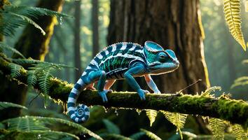 Chameleon Walking on Branch in Forest with Sunlight Glimmering Through photo