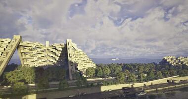 CGI Modern architecture along scenic waterfront with vibrant clouds overhead video