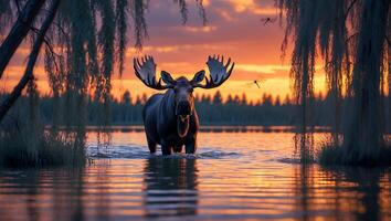 Moose Walking in Water at Sunset with Dragonflies Flying Above photo